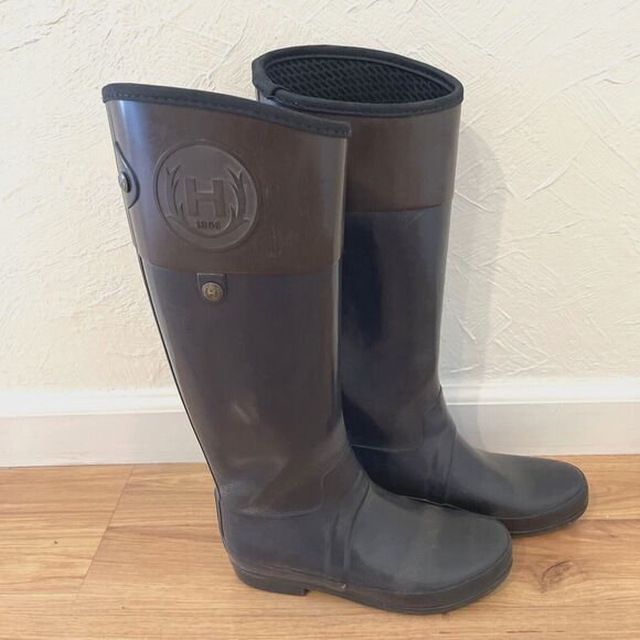 Hunter Womens 6 Regent Carlyle ColorBlock Tall Gloss Rain Boots Black Brown Snow - Picture 2 of 12